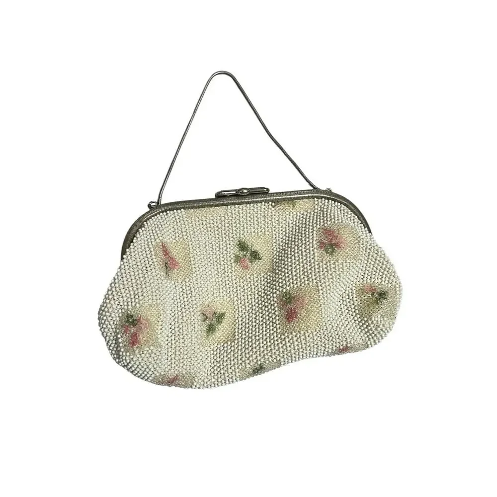 Vintage 1950s Beaded Rose Lumured Reversible Dainty Girlcore Romantic Clutch Bag